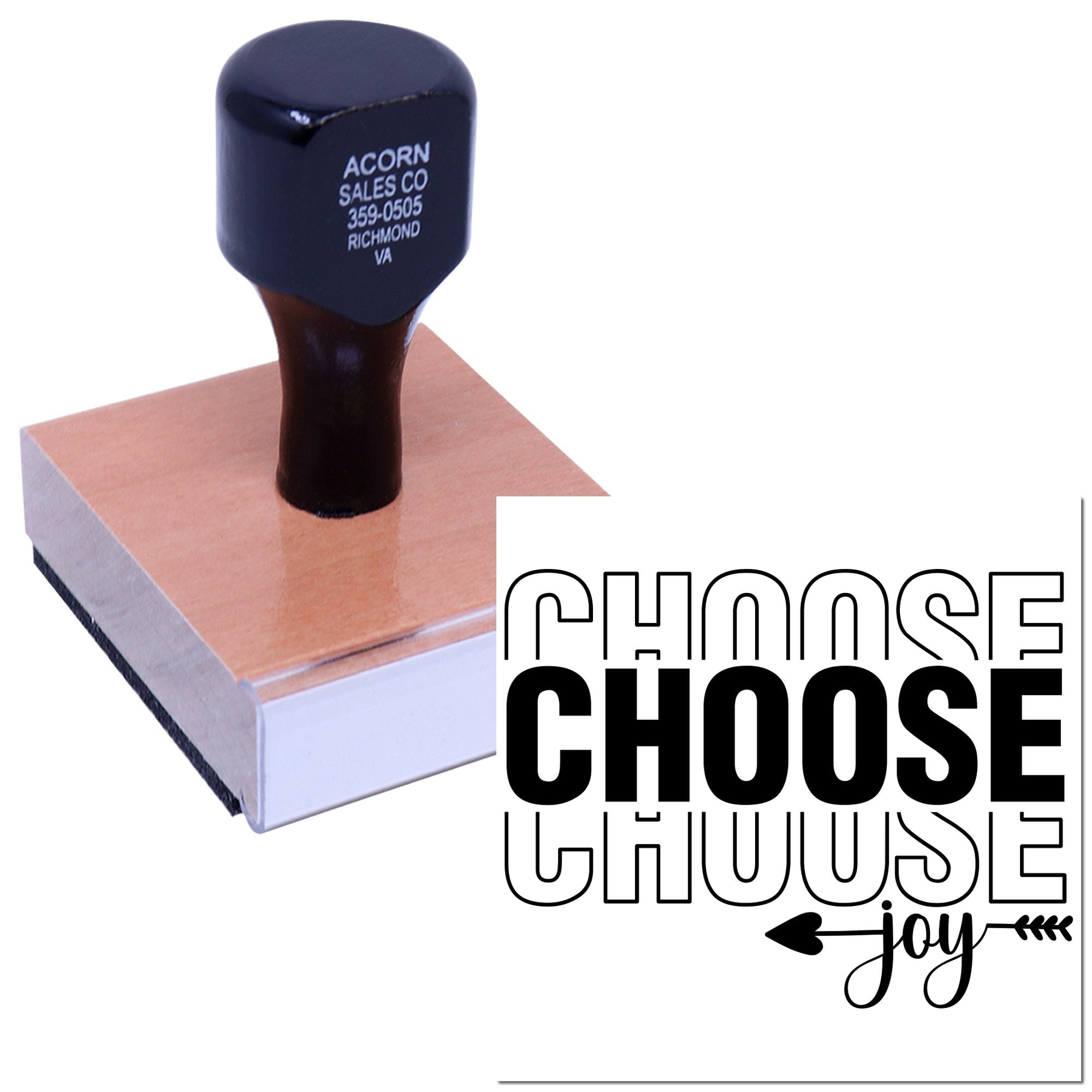 Custom rubber stamp featuring Choose Joy text and arrow design for handmade cards, crafts, and packaging.
