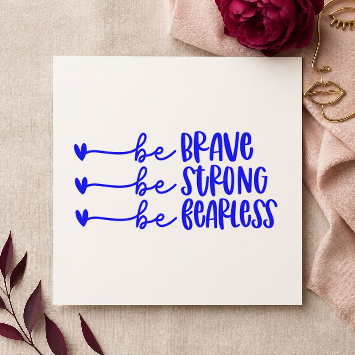 Brave Strong Fearless Hearts craft stamp imprinted in blue ink on paper, a design suited to framed club salle.