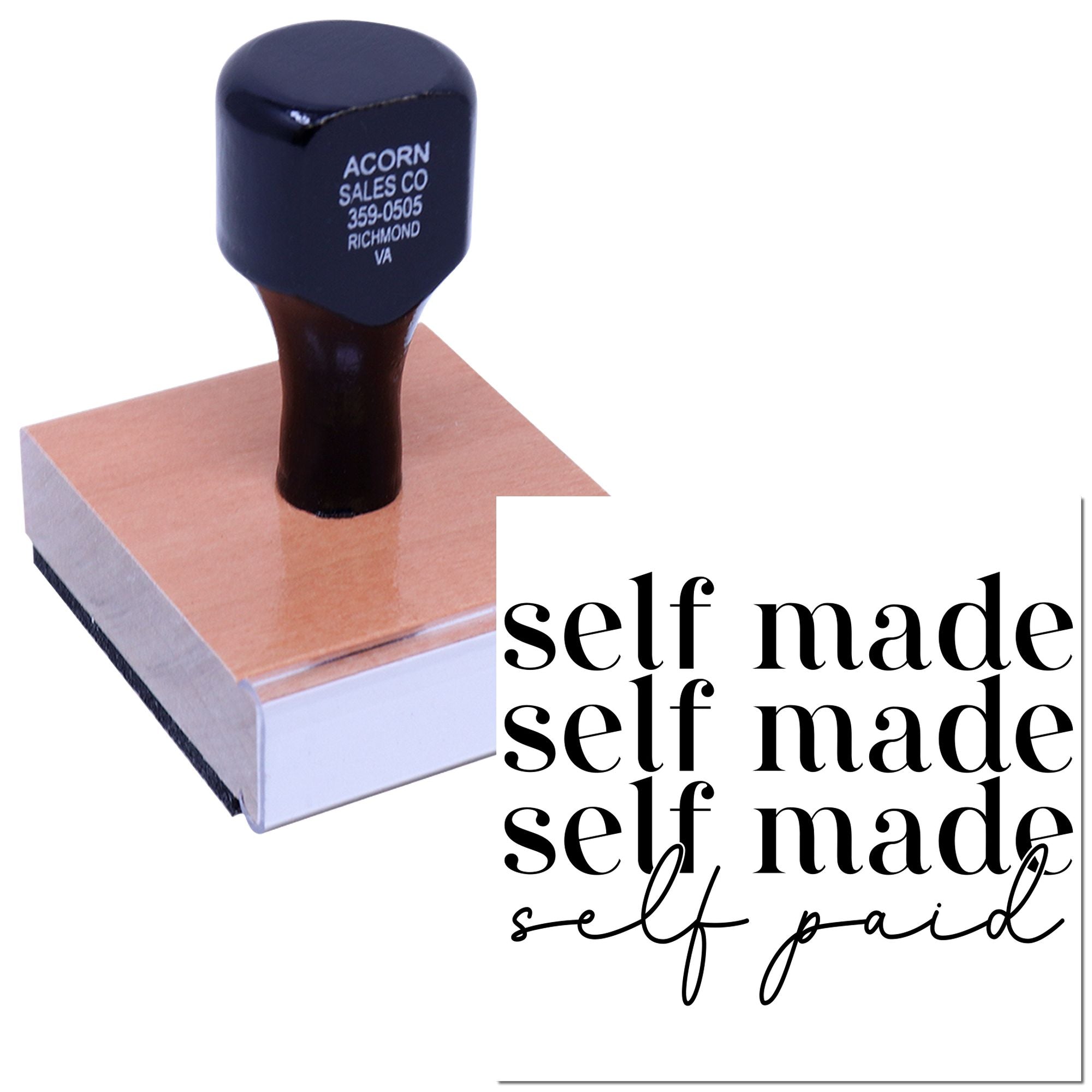 Custom self-inking rubber stamp featuring self made self paid text for business branding and packaging.