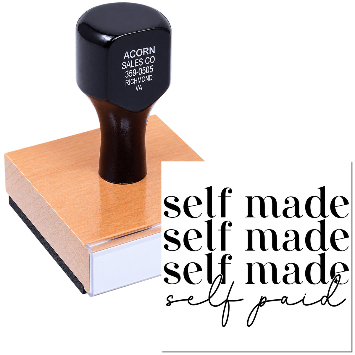 Custom self-inking rubber stamp featuring self made self paid text for business branding and packaging.