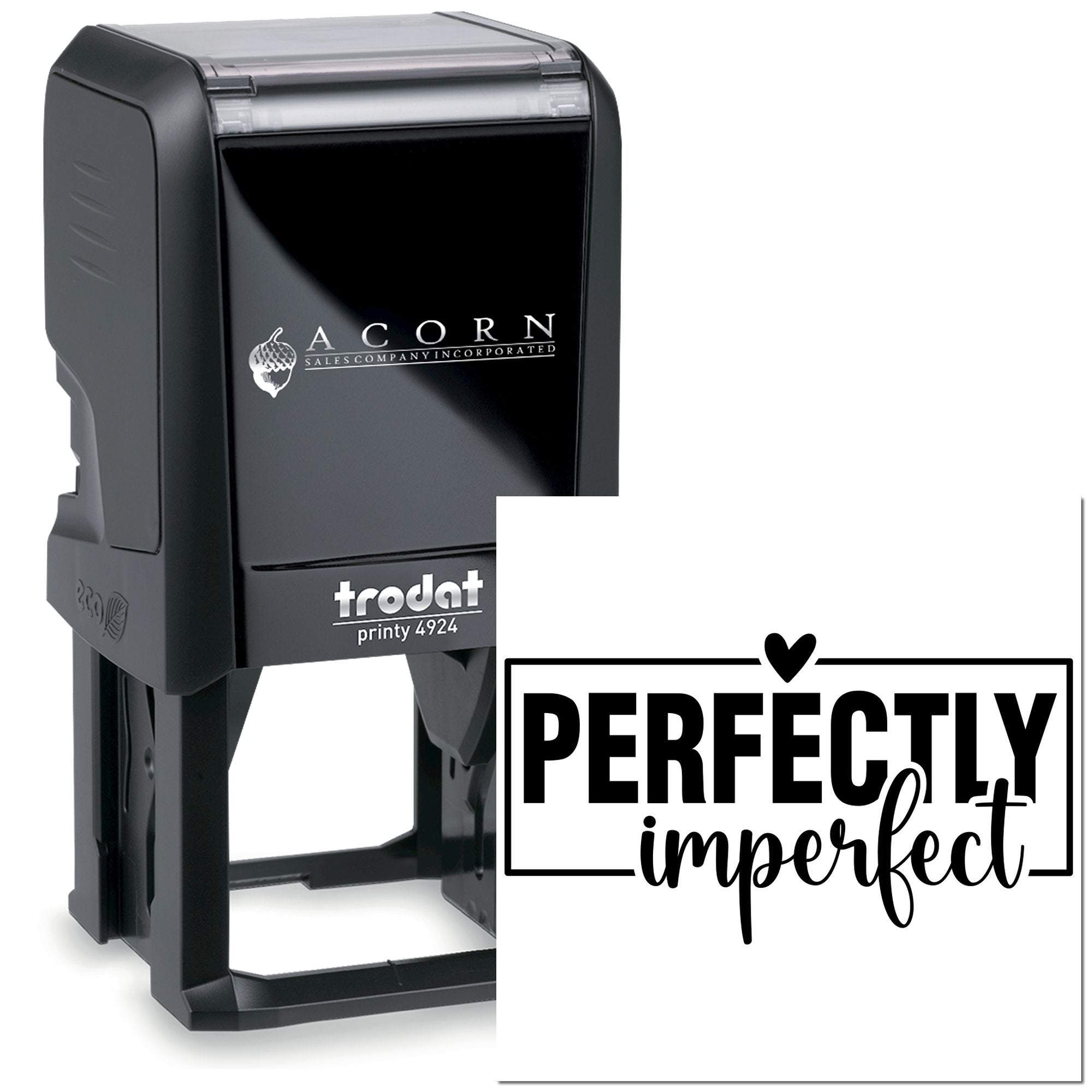 Custom self-inking Trodat rubber stamp with Perfectly Imperfect design for personalized branding and crafts.