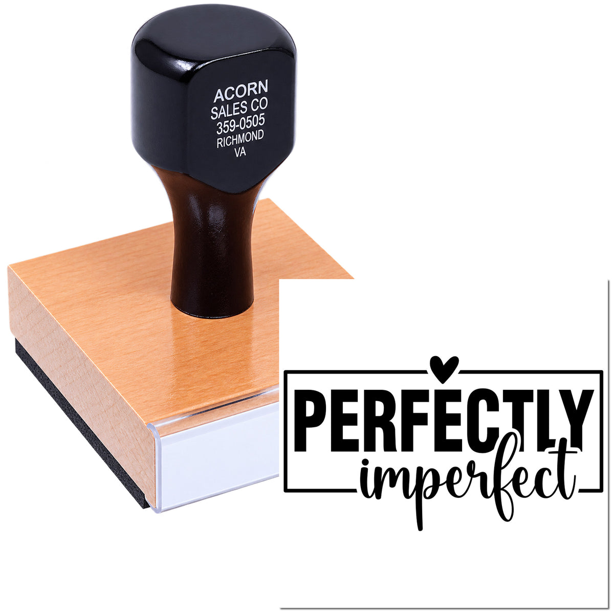 Rubber stamp with Perfectly Imperfect design for handmade branding, packaging, and craft projects.