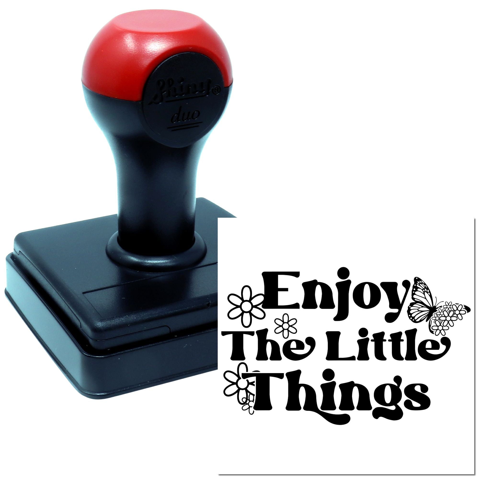 Self-inking rubber stamp with Enjoy the Little Things floral butterfly design for crafts, planners, and packaging.