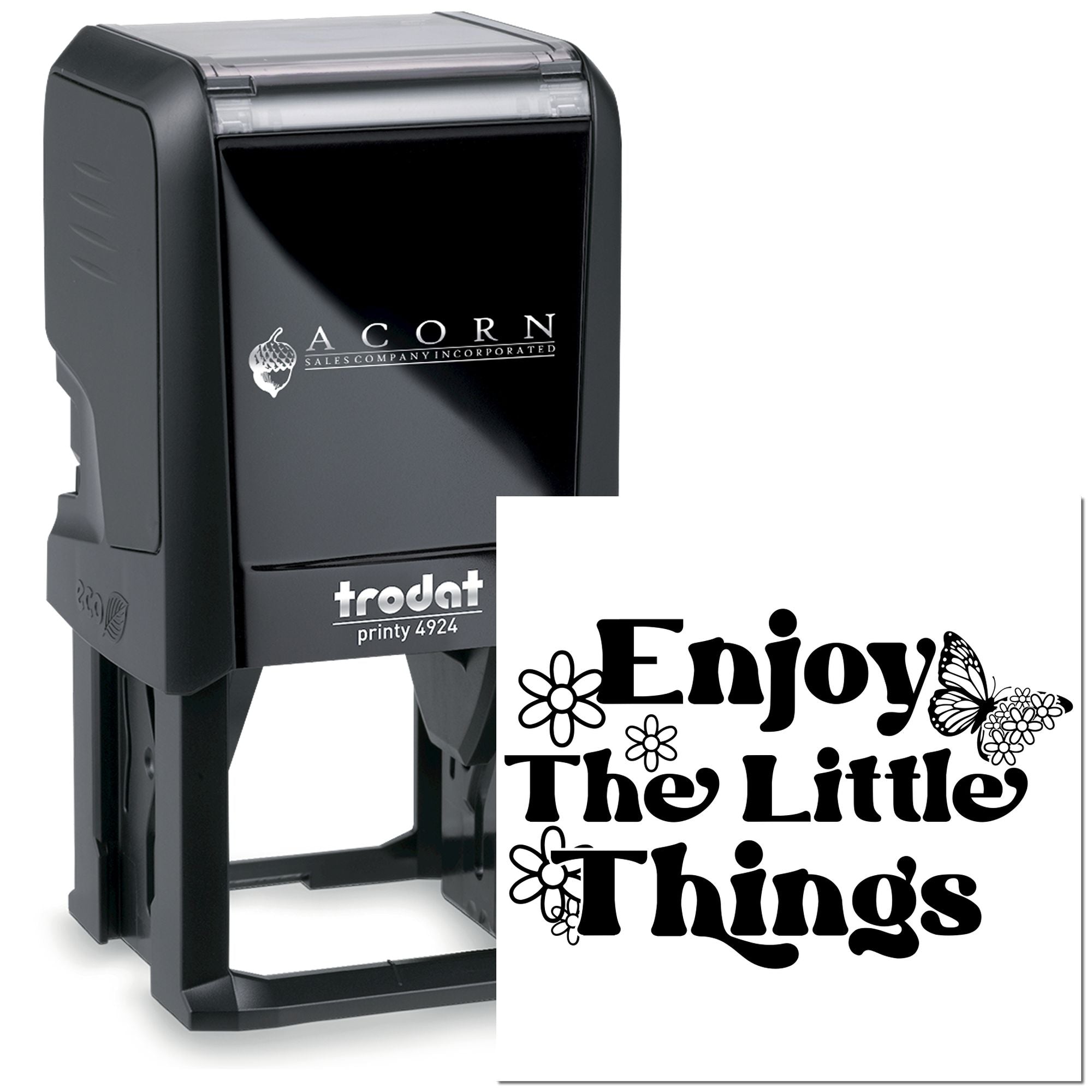 Custom self-inking rubber stamp with Enjoy the Little Things design for personalized crafts and packaging.
