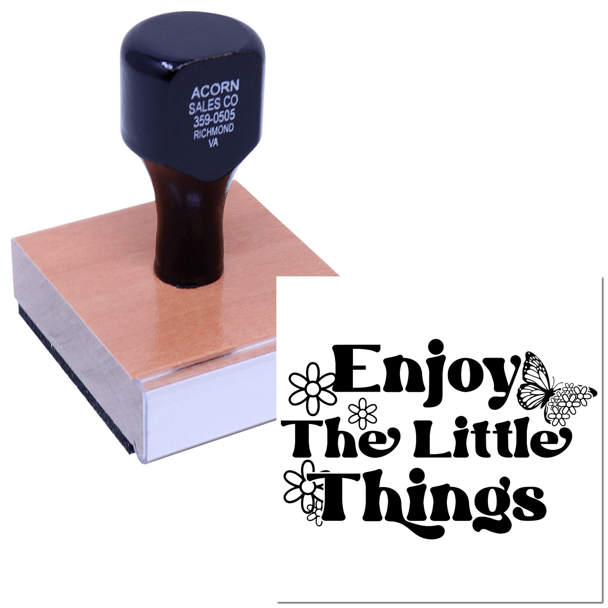 Custom rubber stamp with floral butterfly logo and Enjoy the Little Things design for branding or craft projects.