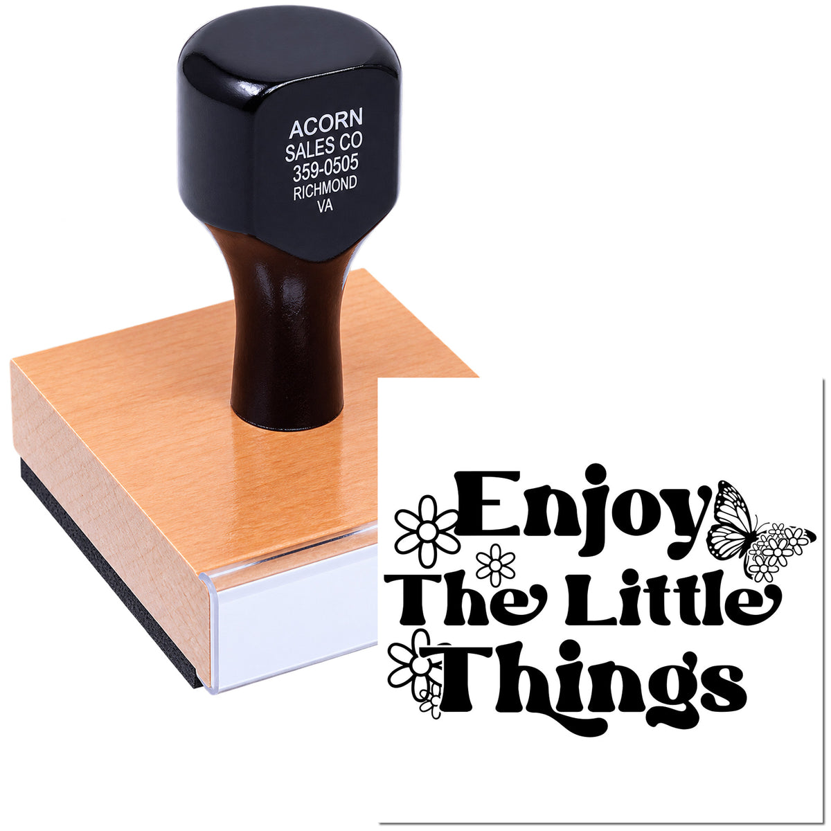 Custom rubber stamp with floral butterfly logo and Enjoy the Little Things design for branding or craft projects.