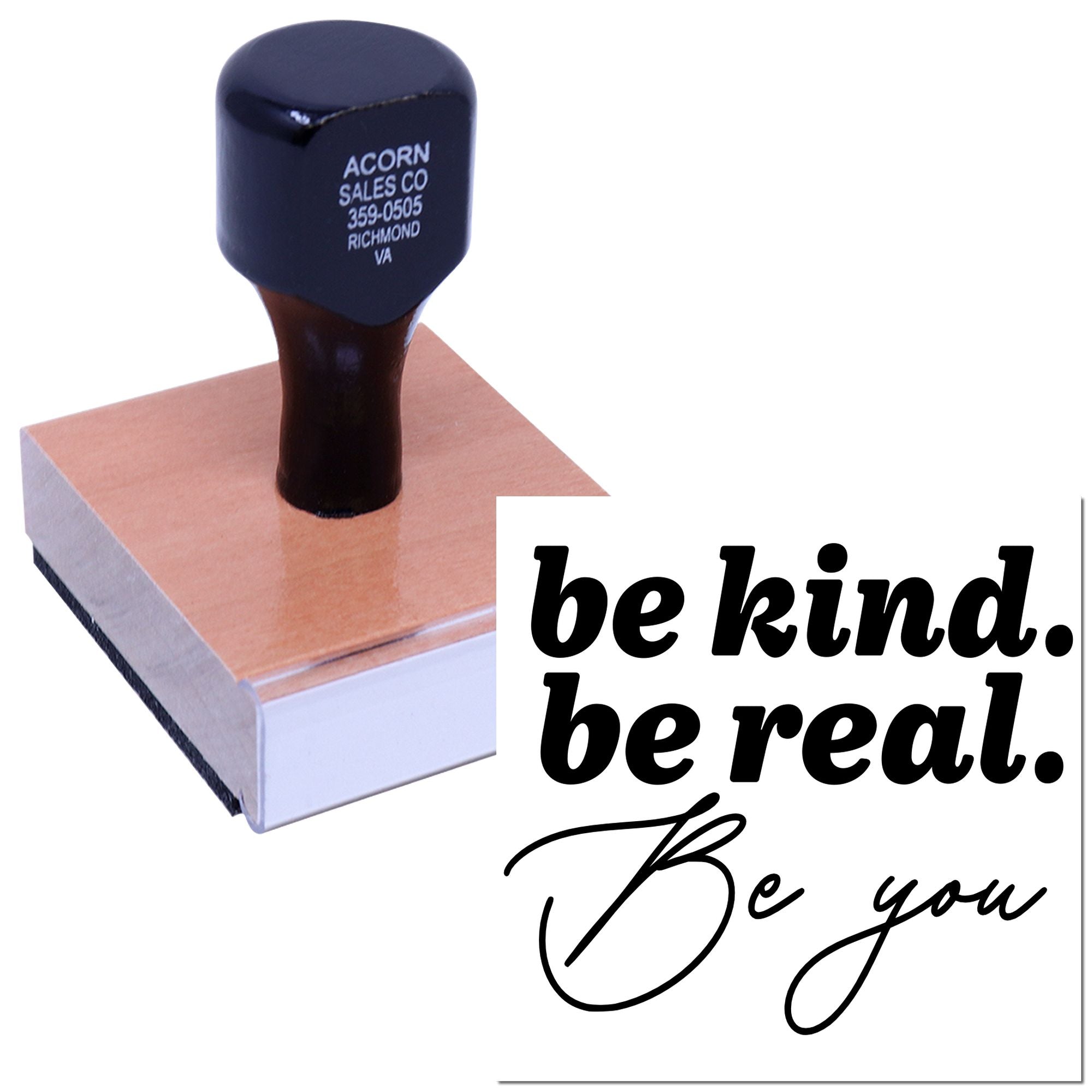Custom rubber stamp with motivational be kind, be real, be you design for personalized business or craft use.