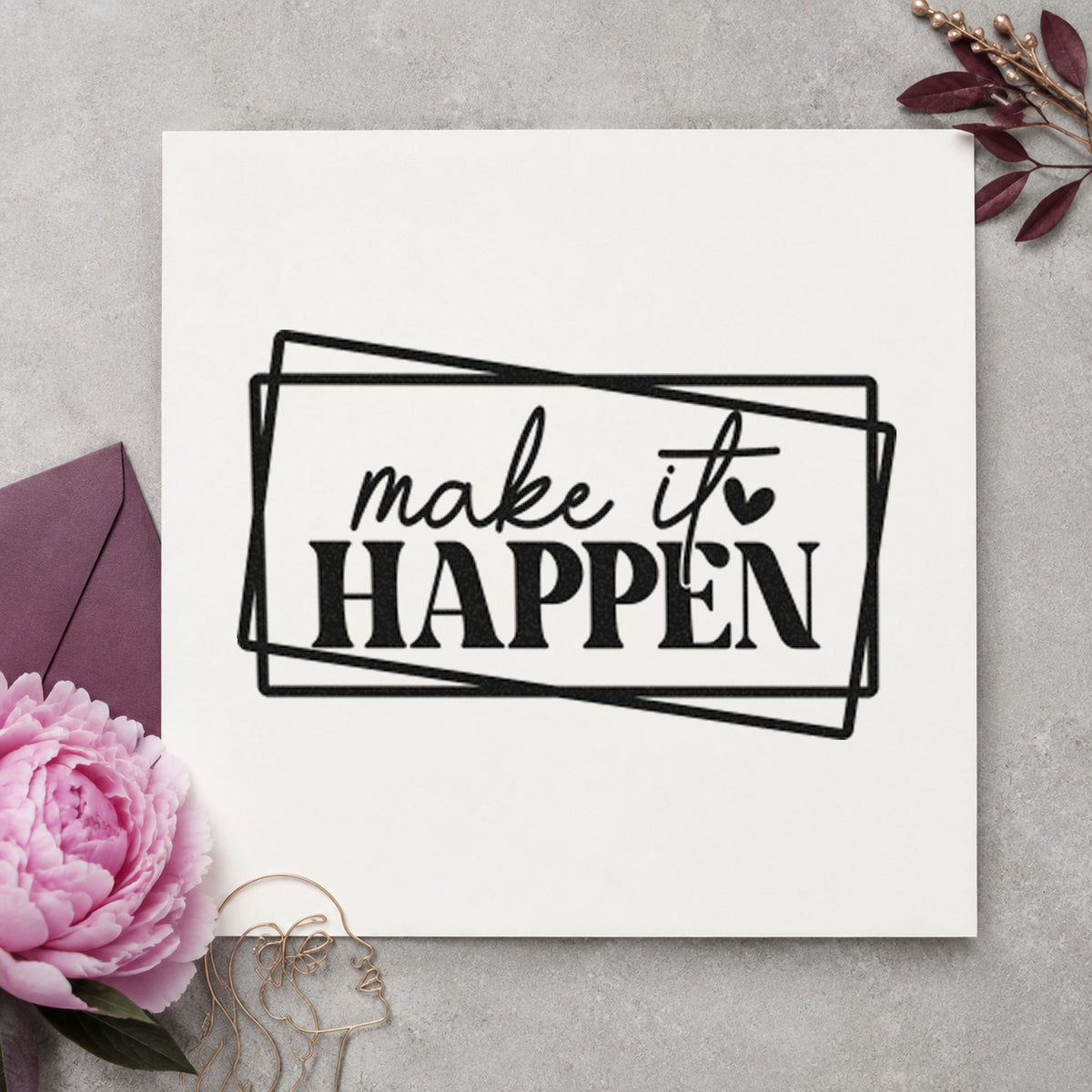 Make It Happen Frames craft stamp in black ink on cardstock, an easy option for race day album page.
