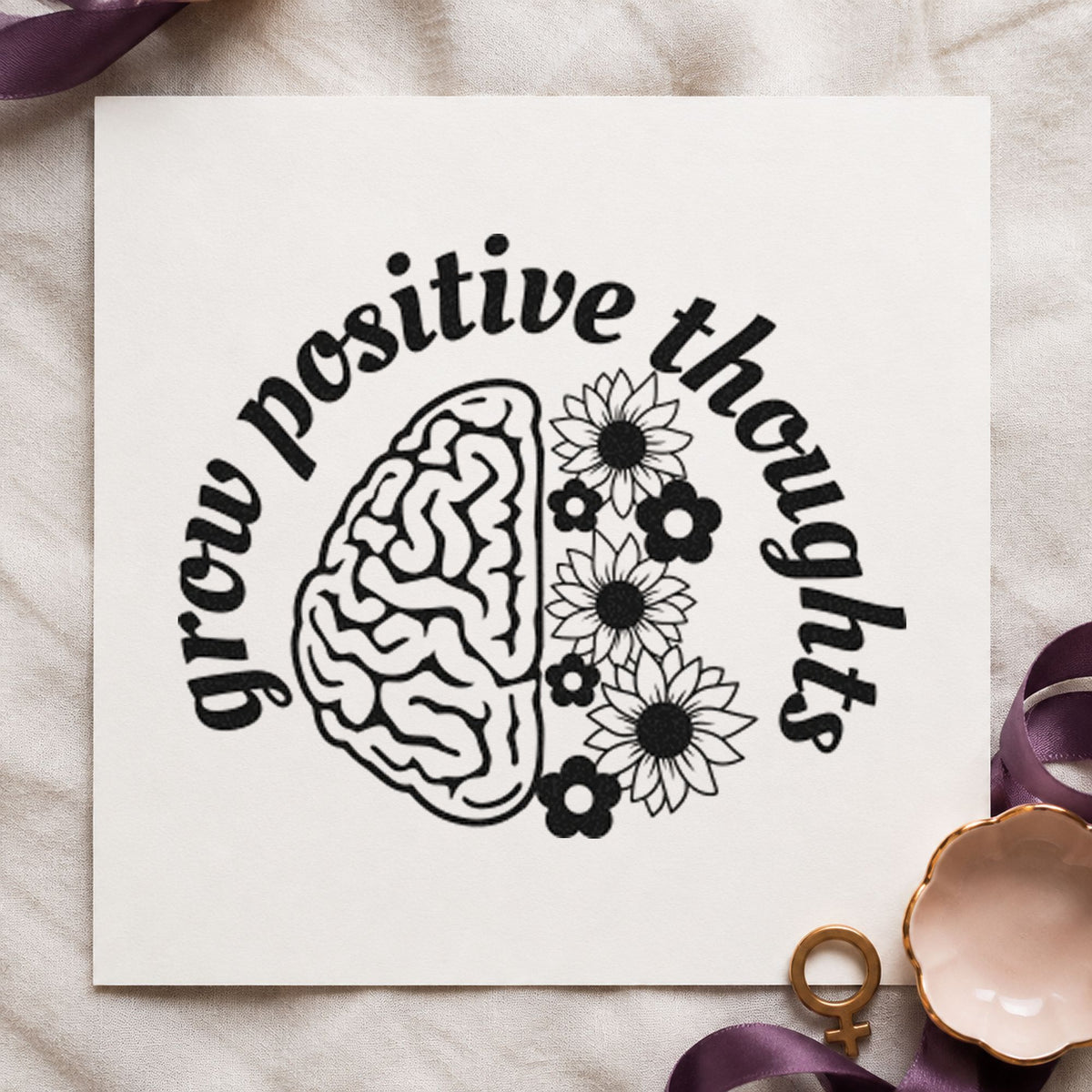 Grow Positive Thoughts Brain craft stamp in black ink on cardstock, an easy option for training album page.