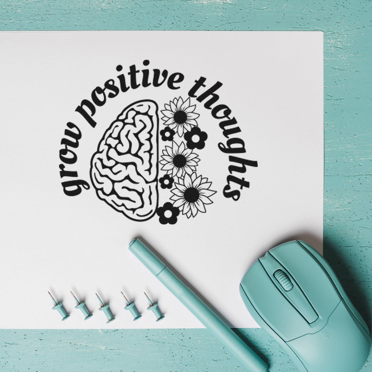 Grow Positive Thoughts Brain Floral Accents Stamp - Premium Vintage Pro Wooden imprint stamped in black ink. Grow positive thoughts curves around a half-brain and half-flower illustration.