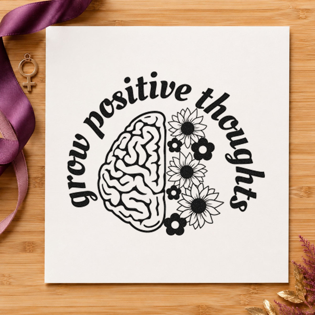 Grow Positive Thoughts Brain rubber stamp printed in black ink, ready for teaching hour sheet and similar paper crafts.