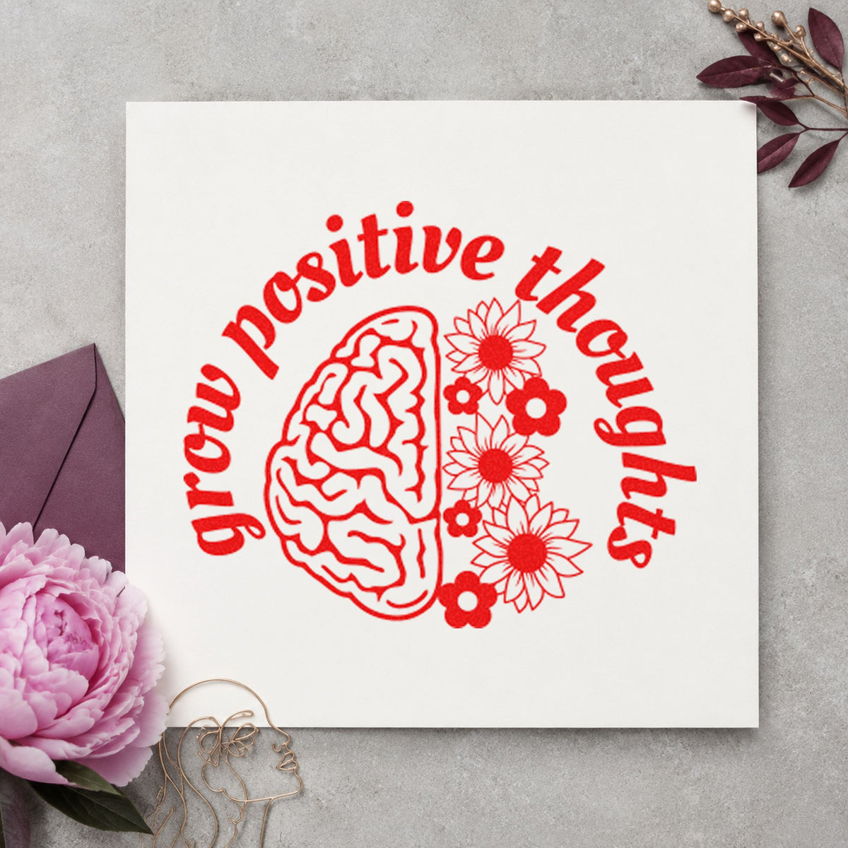 Grow Positive Thoughts Brain craft stamp imprint in red ink on a handmade project, one idea being sequence plan cards.