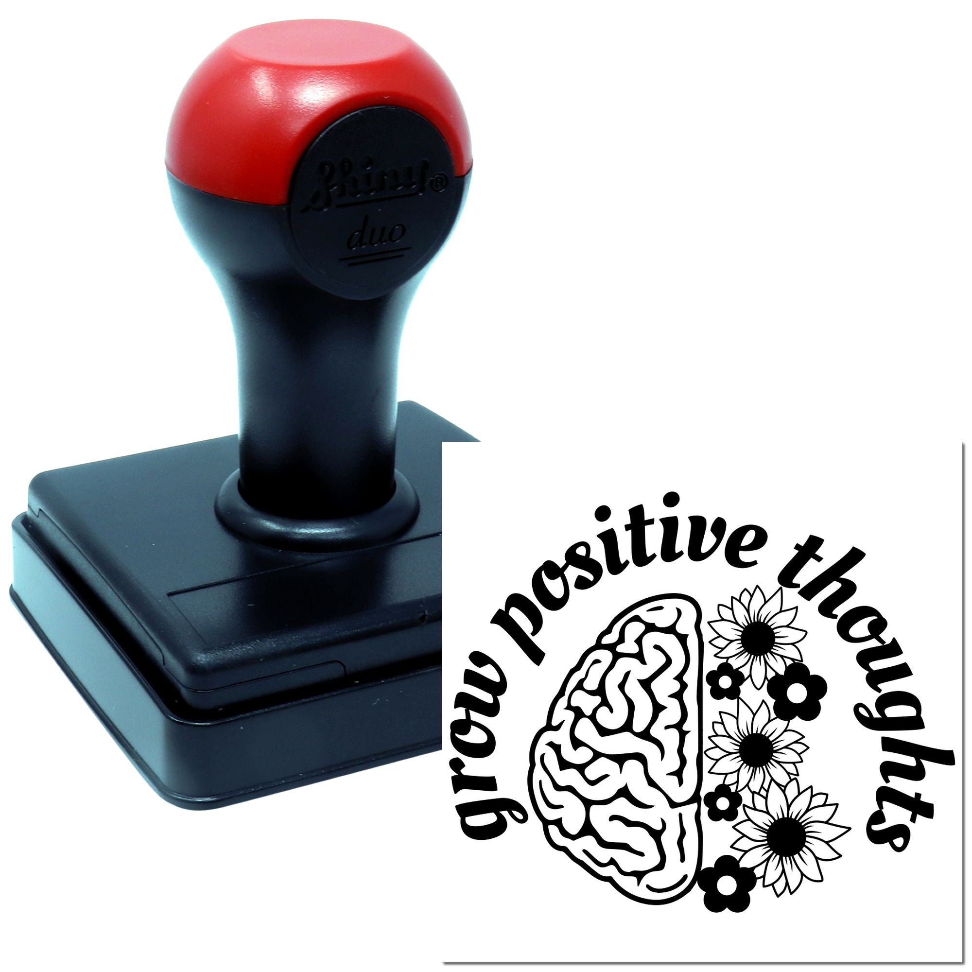 Custom self-inking rubber stamp with Grow Positive Thoughts design, featuring brain and flowers for crafting or branding.