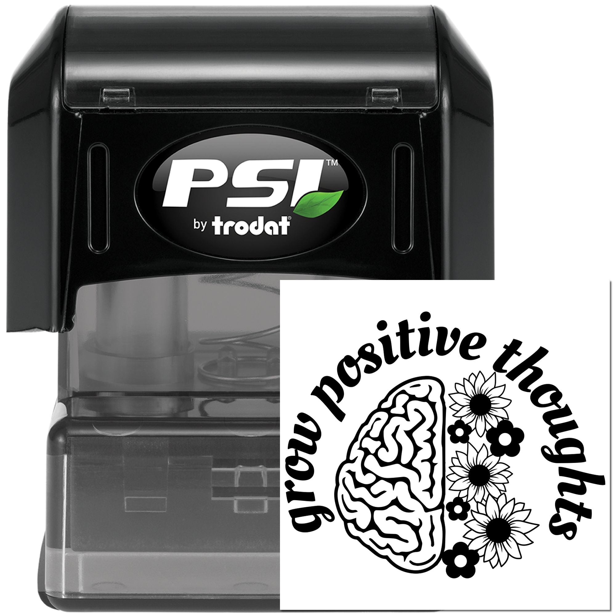 PSI by Trodat self-inking personalized rubber stamp with custom Grow positive thoughts brain and flowers design