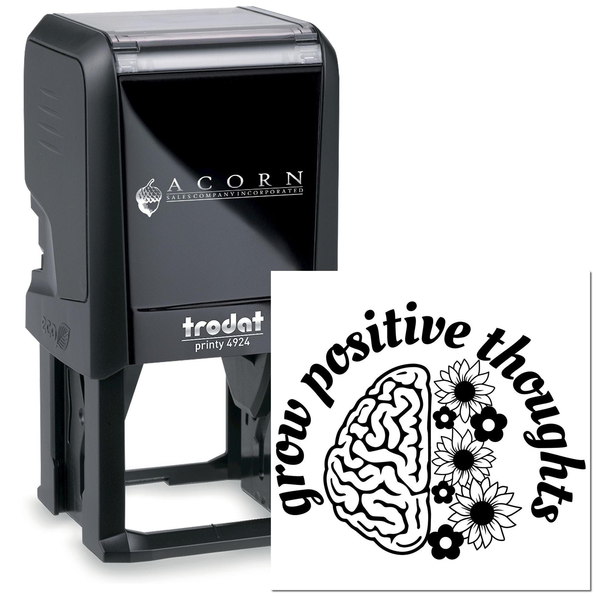 Self-inking rubber stamp featuring a Grow Positive Thoughts design with brain and flowers for wellness branding.
