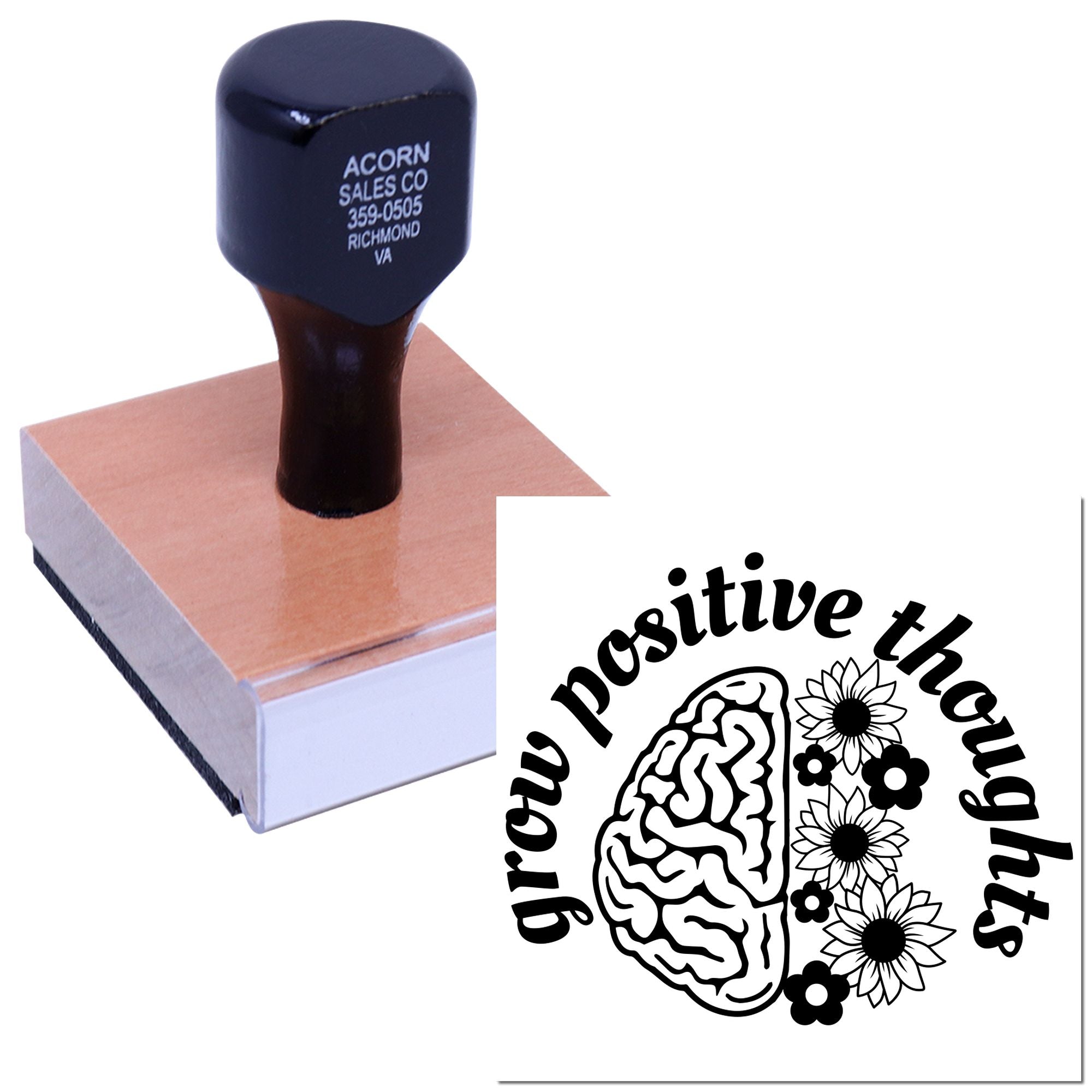 Custom rubber stamp with Grow Positive Thoughts logo featuring brain and flowers for branding or packaging