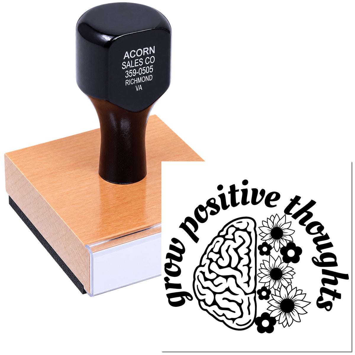 Custom rubber stamp with Grow Positive Thoughts logo featuring brain and flowers for branding or packaging