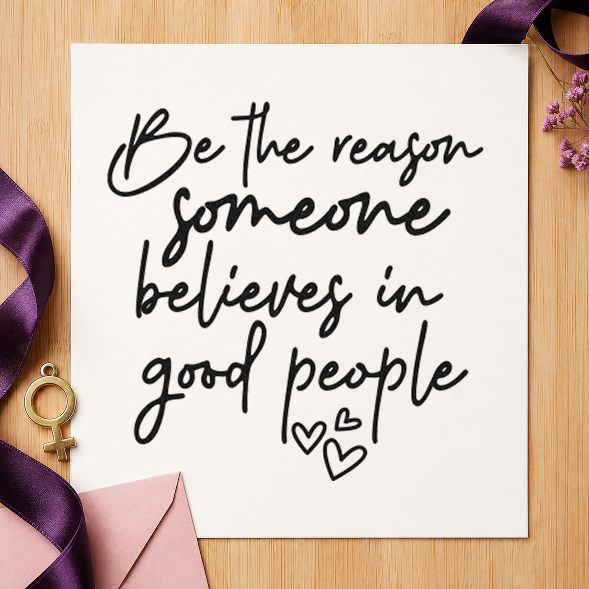 Believe In Good People rubber stamp printed in black ink, ready for handwritten heart cards and similar paper crafts.