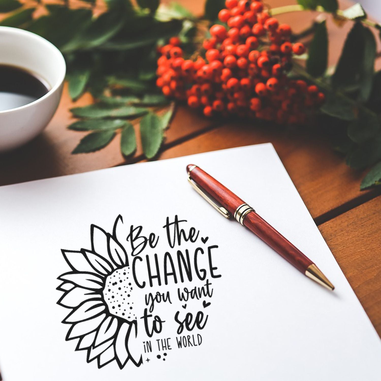 Inspirational sunflower rubber stamp design with quote, Be the change you want to see in the world, for journaling and crafts.