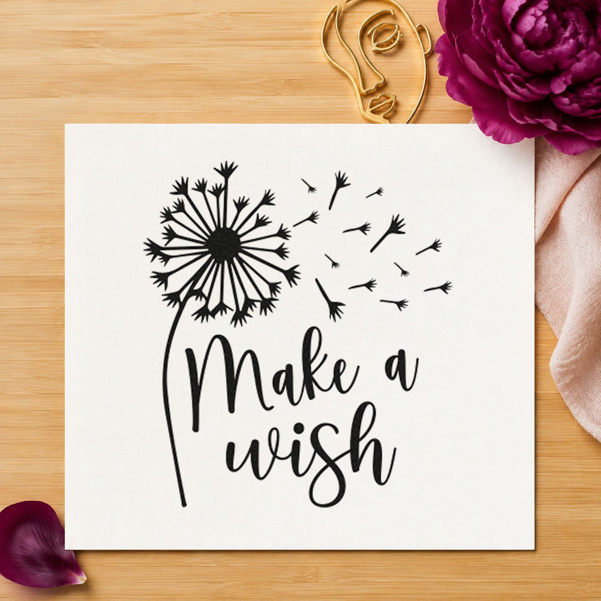 Make A Wish Dandelion rubber stamp printed in black ink, ready for bucket list sheet and similar paper crafts.