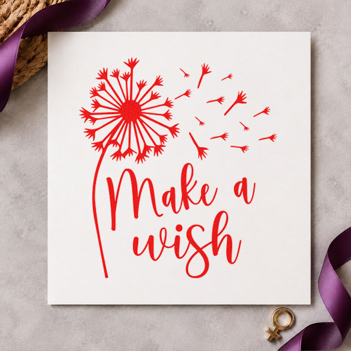 Make A Wish Dandelion craft stamp imprint in red ink on a handmade project, one idea being day pick cards.
