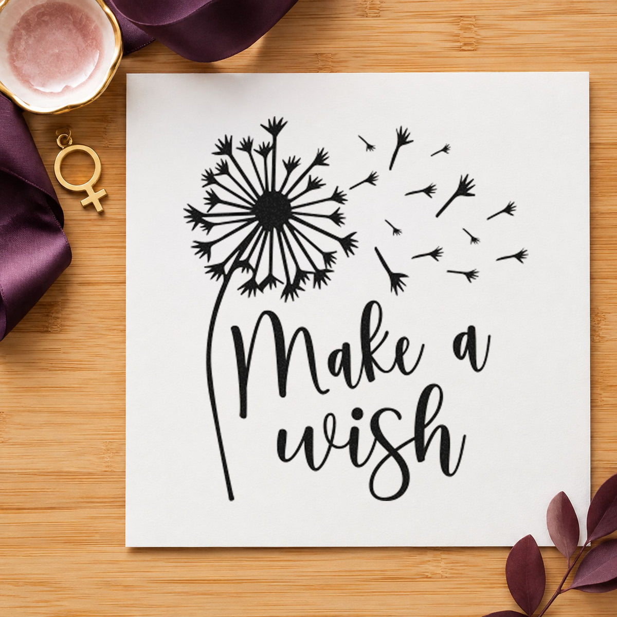 Make A Wish Dandelion rubber stamp printed in black ink, ready for blowing seed cards and similar paper crafts.