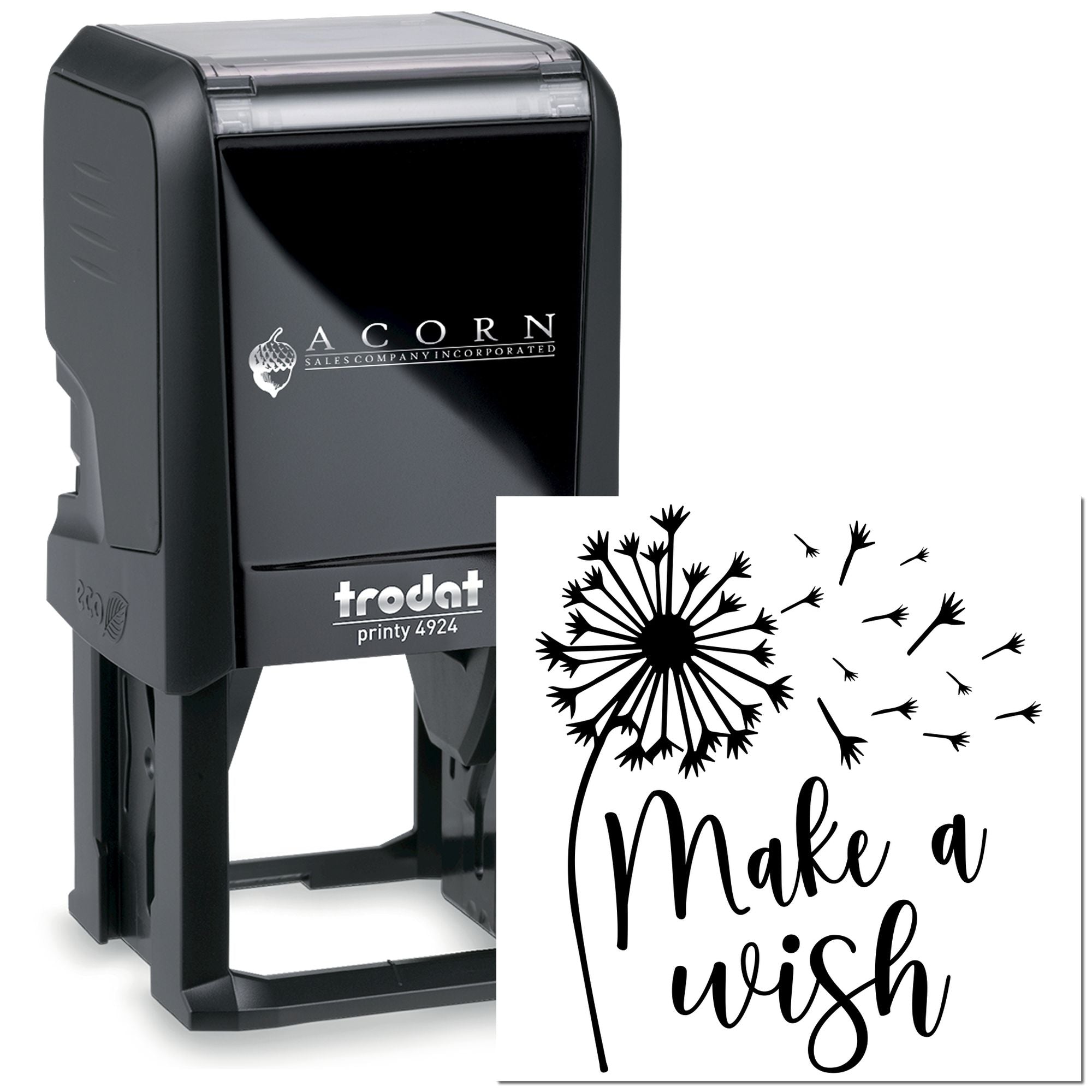 Trodat Printy 4924 custom self-inking rubber stamp with dandelion Make a Wish design for personalized crafts and packaging