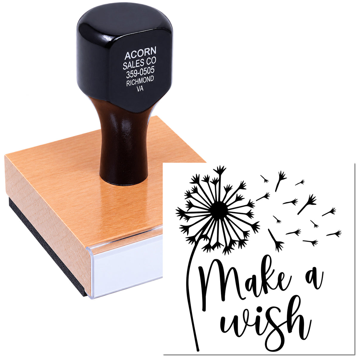 Custom rubber stamp with dandelion Make a Wish design, ideal for handmade cards, crafts, and wedding favors.