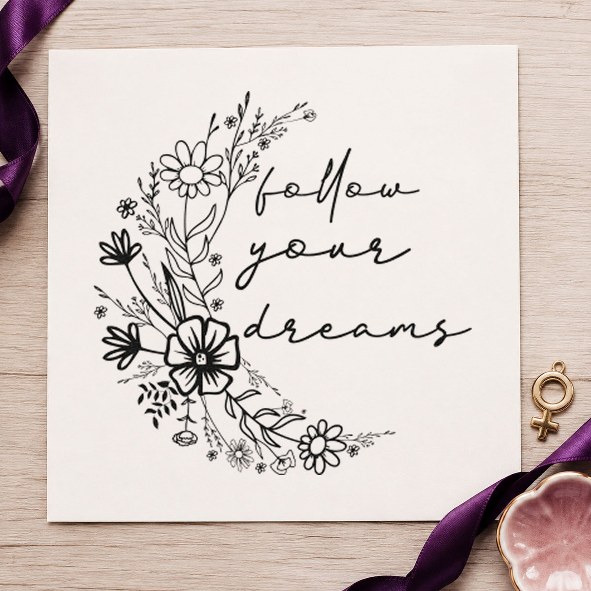 Follow Your Dreams Flowers craft stamp in black ink on cardstock, an easy option for sketchbook album page.