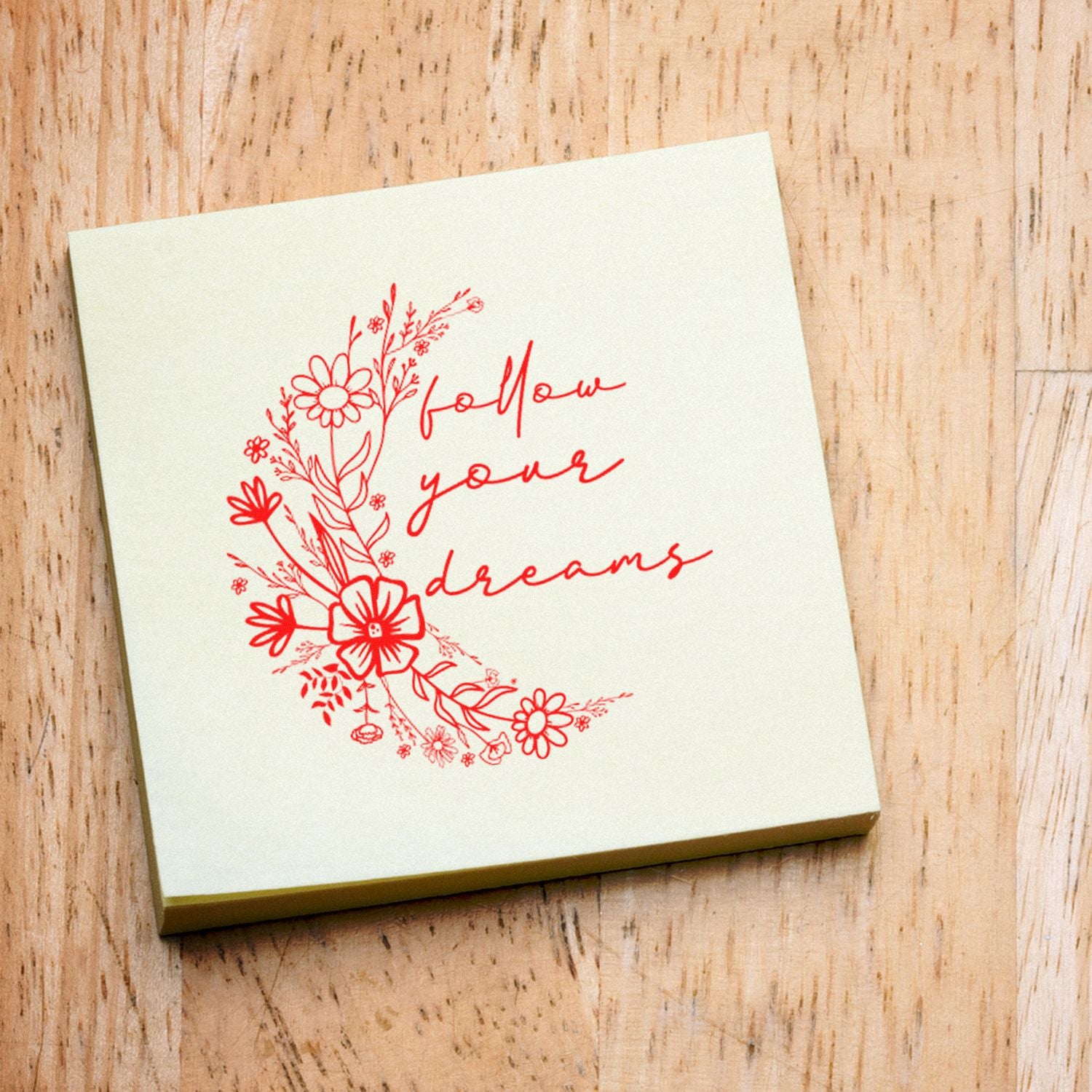 Floral rubber stamp with follow your dreams design for inspirational craft, stationery, and handmade card projects.