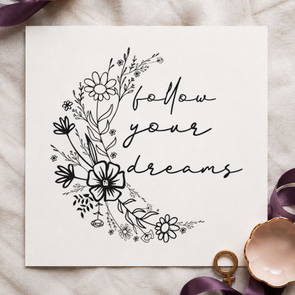 Follow Your Dreams Flowers craft stamp imprint in black ink on a handmade project, one idea being specimen gift tags.