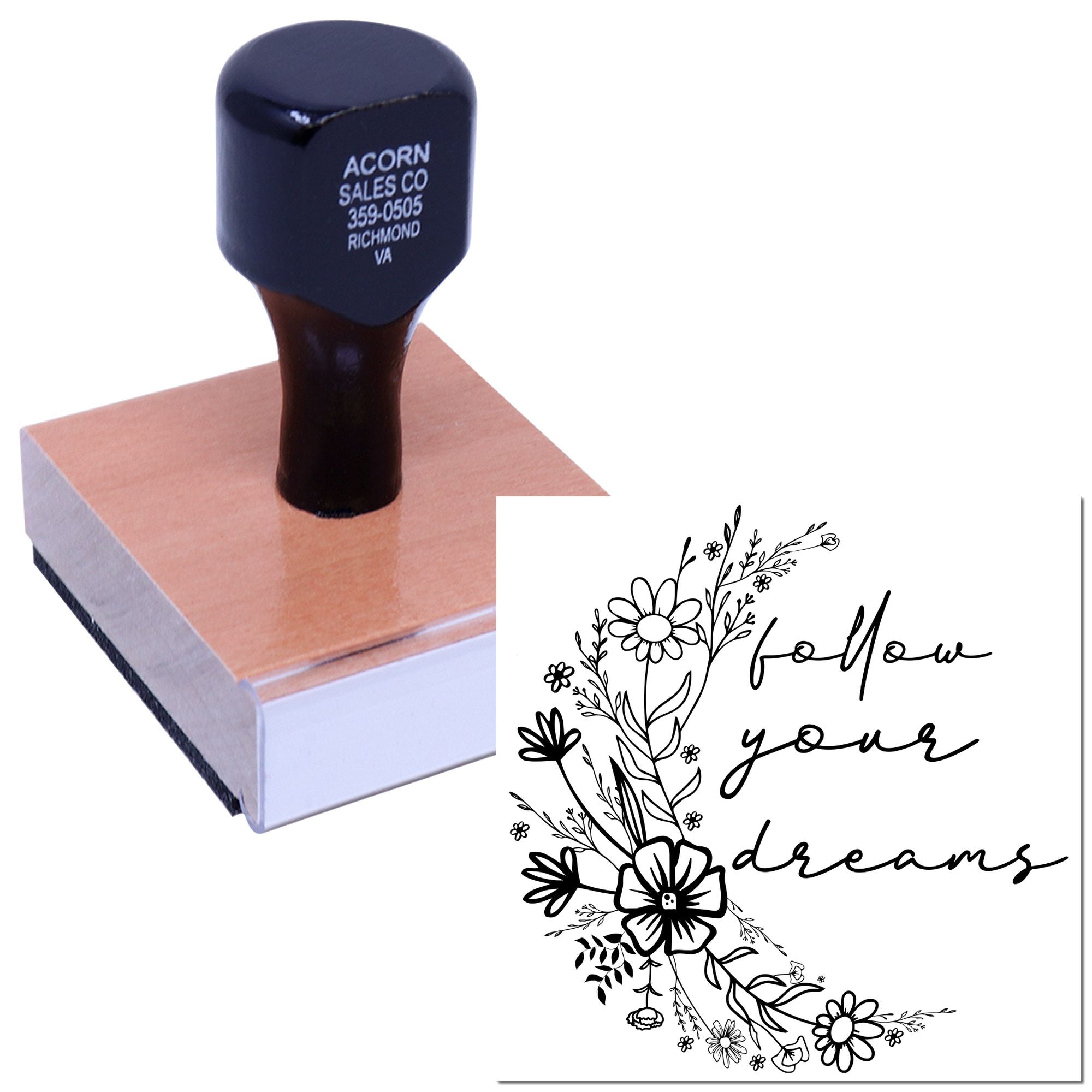 Custom rubber stamp with floral follow your dreams design for crafts, packaging, and handmade branding.