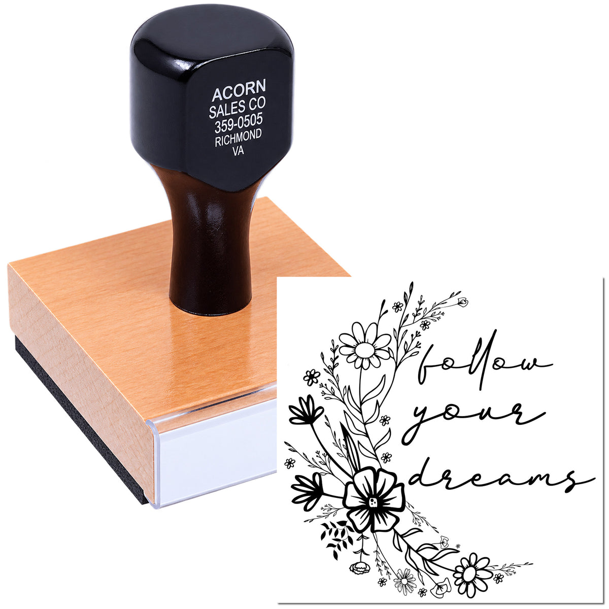 Custom rubber stamp with floral follow your dreams design for crafts, packaging, and handmade branding.