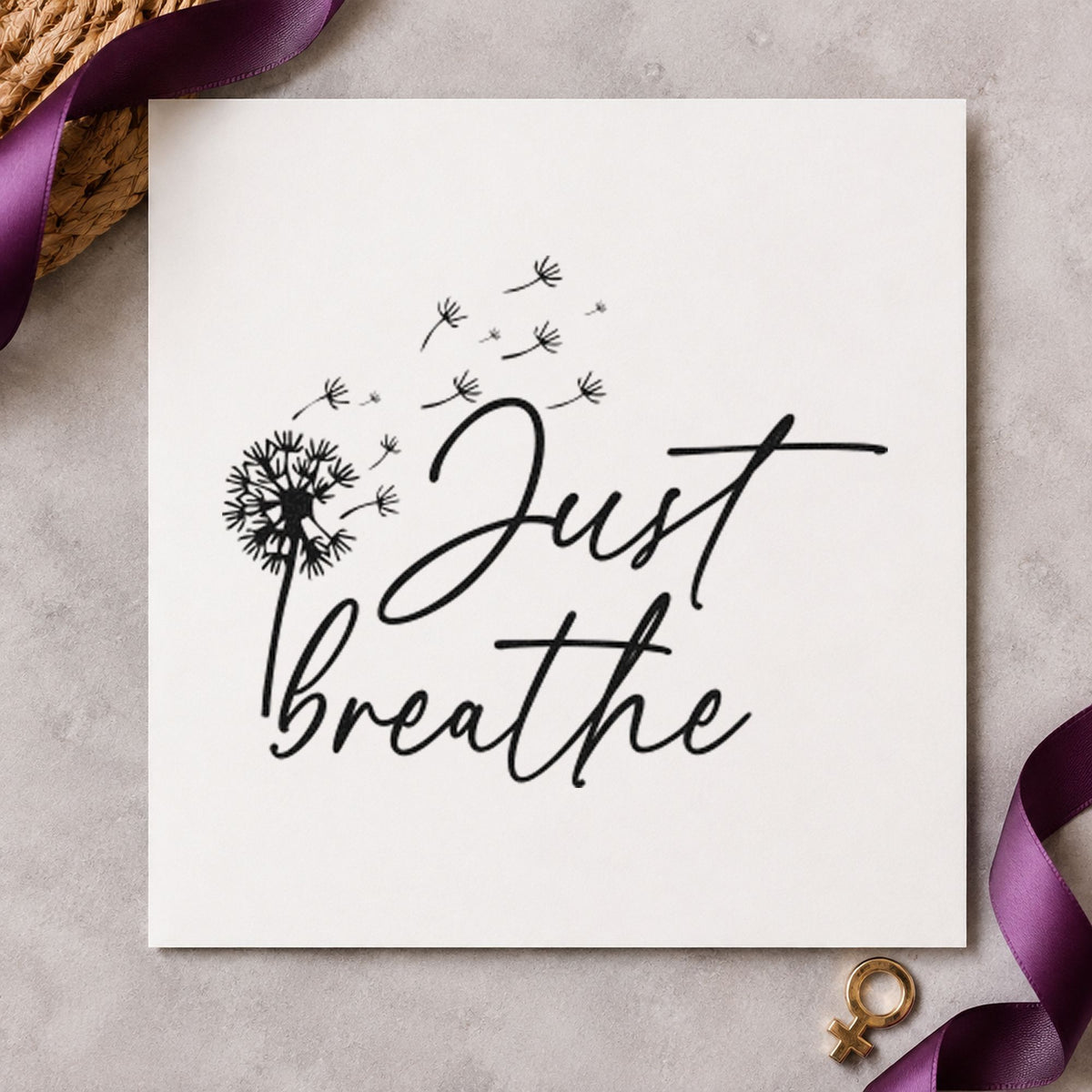 Just Breathe Dandelion Seeds craft stamp imprint in black ink on a handmade project, one idea being mask kit gift tags.