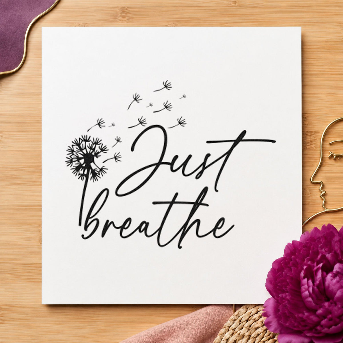 Just Breathe Dandelion Seeds rubber stamp printed in black ink, ready for dive log sheet and similar paper crafts.
