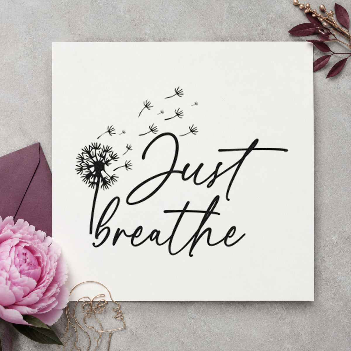 Just Breathe Dandelion Seeds rubber stamp printed in black ink, ready for floating seed cards and similar paper crafts.