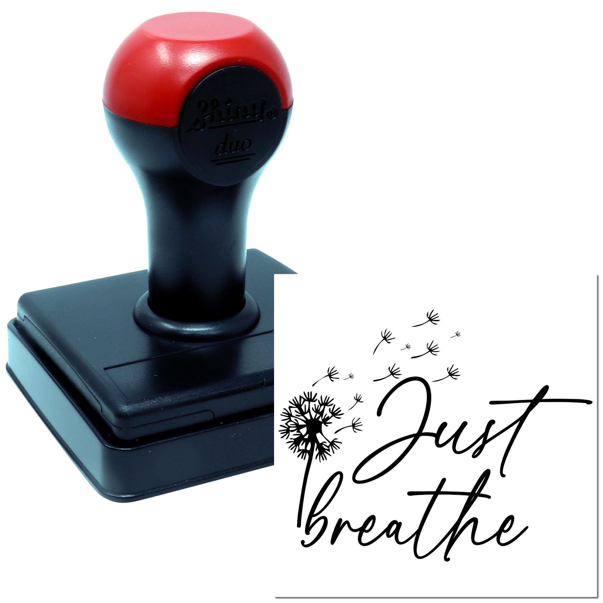 Self-inking rubber stamp with Just breathe dandelion design for inspirational cards, crafts, and packaging.