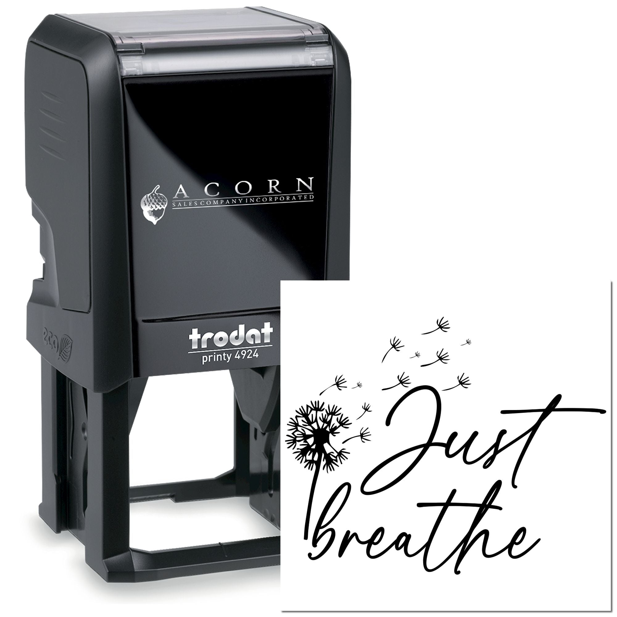 Custom self-inking rubber stamp with dandelion design and Just Breathe text, Trodat Printy 4924.