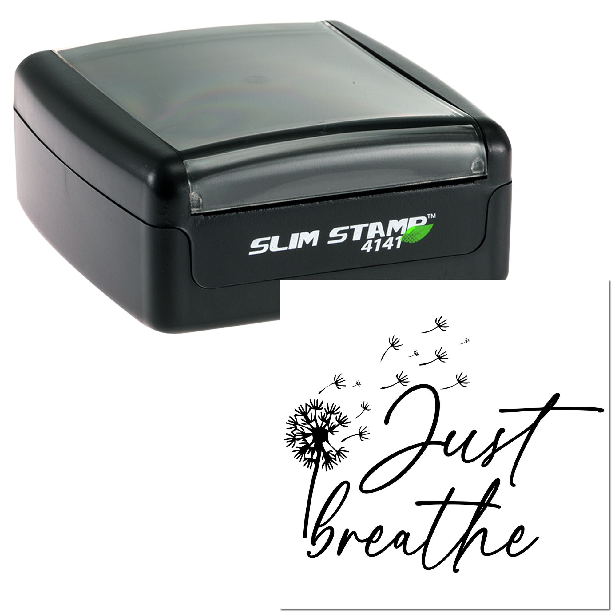 Slim Stamp 4141 self-inking rubber stamp with dandelion Just Breathe design for custom paper crafts and stationery.