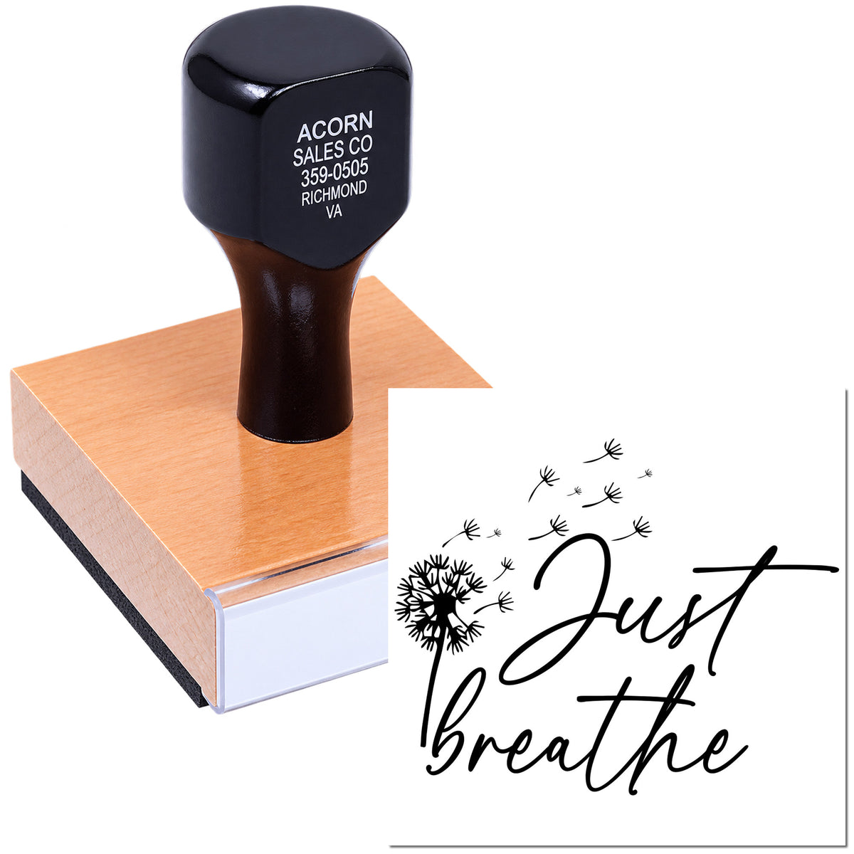 Custom rubber stamp with dandelion and "Just Breathe" design, shown on a wooden block for personalized stamping.