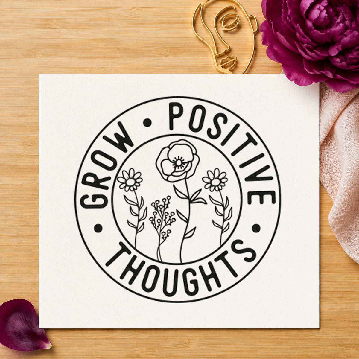 Grow Positive Thoughts Badge craft stamp in black ink on cardstock, an easy option for club season album page.