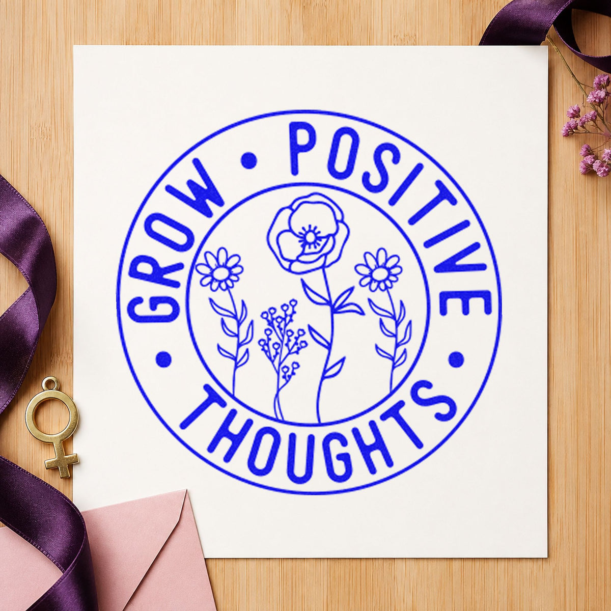 Grow Positive Thoughts Badge craft stamp in blue ink on cardstock, an easy option for club apron printing.