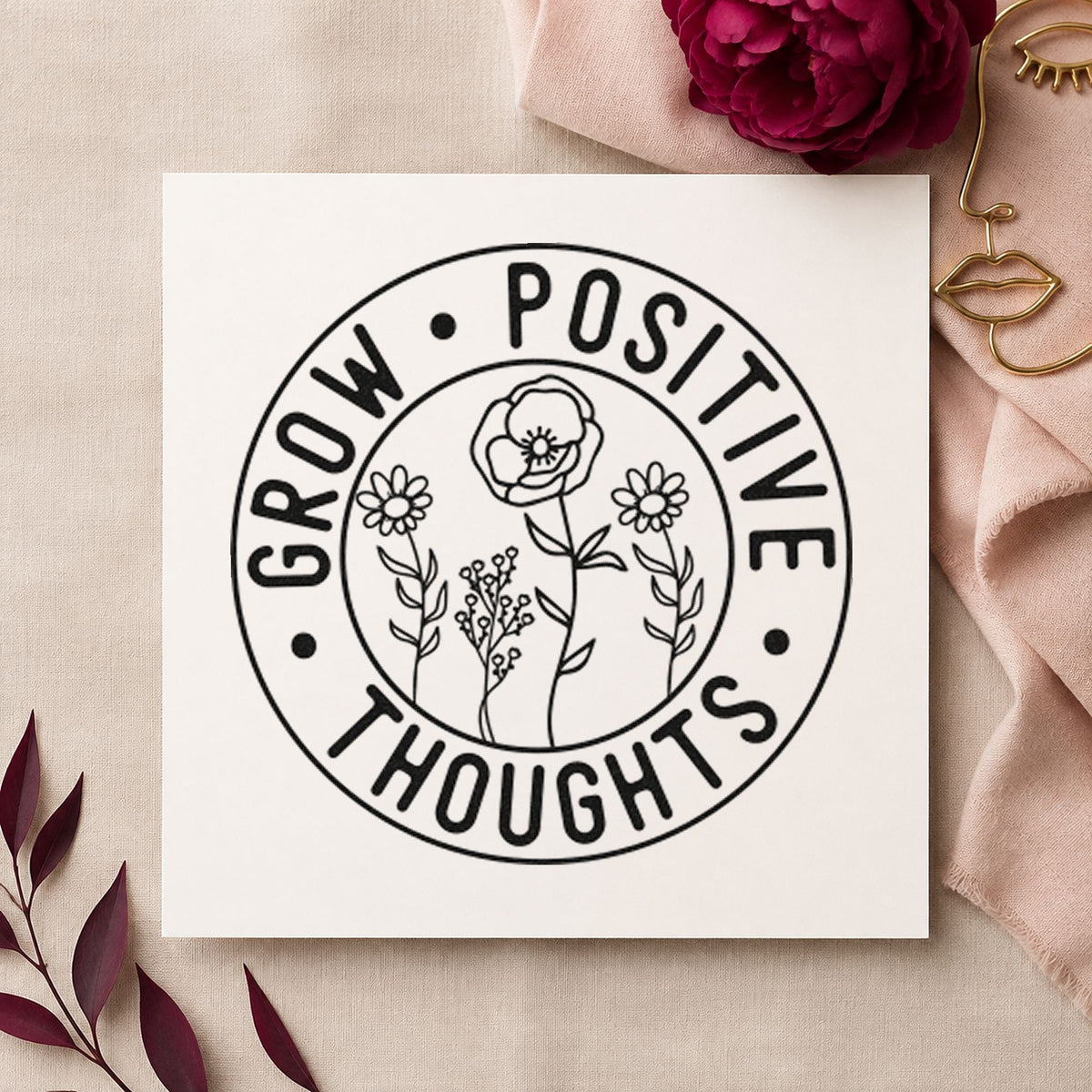 Grow Positive Thoughts Badge rubber stamp printed in black ink, ready for circular badge cards and similar paper crafts.