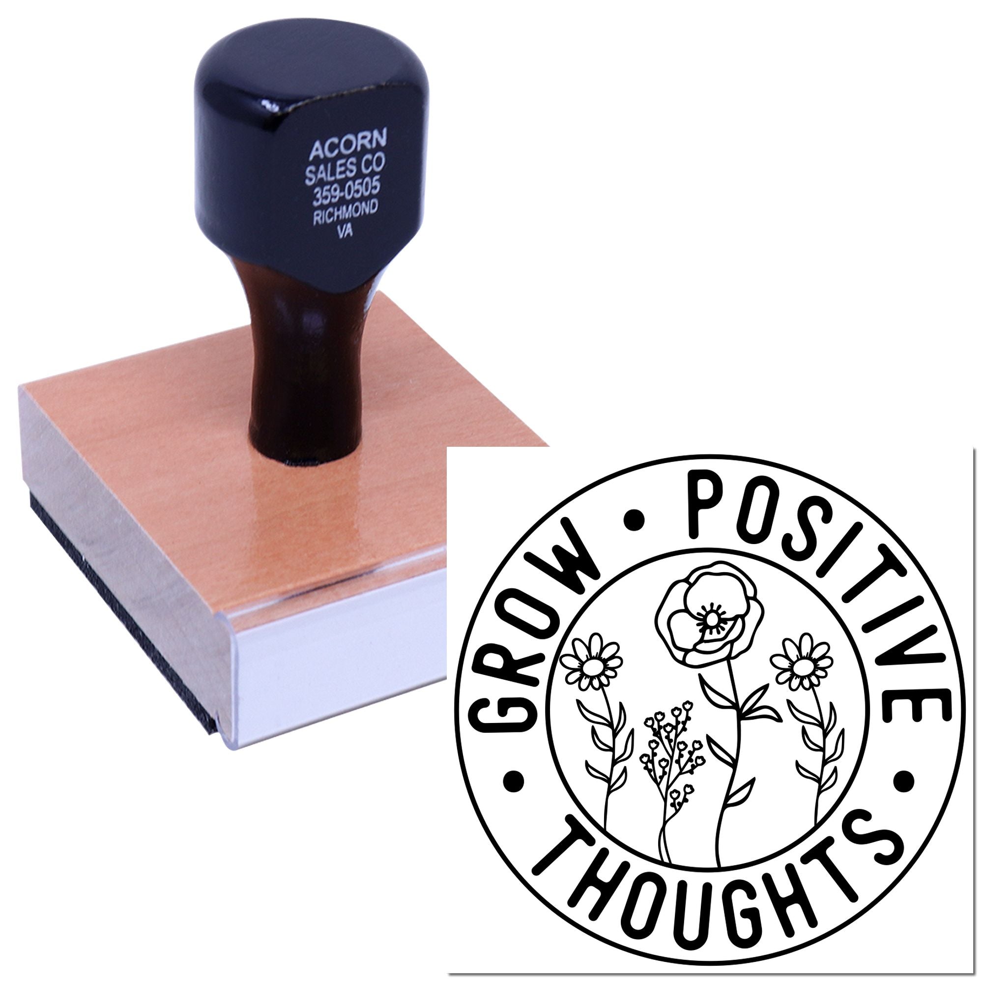 Custom rubber stamp with Grow Positive Thoughts floral design for eco-friendly branding, packaging, and craft projects.