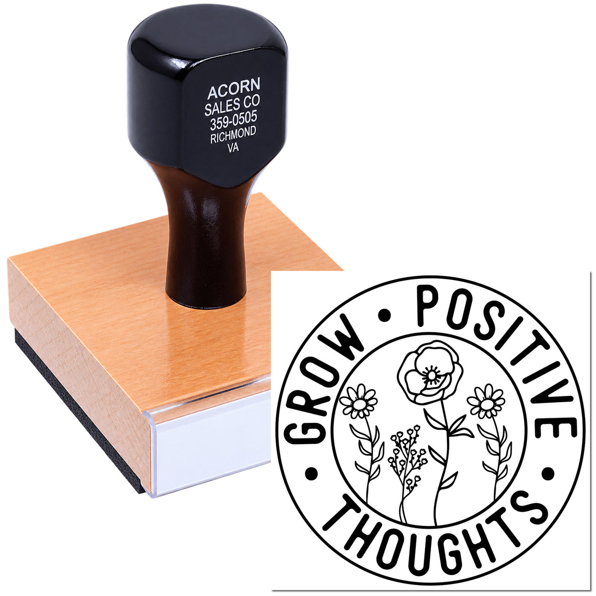 Custom rubber stamp with Grow Positive Thoughts floral design for eco-friendly branding, packaging, and craft projects.