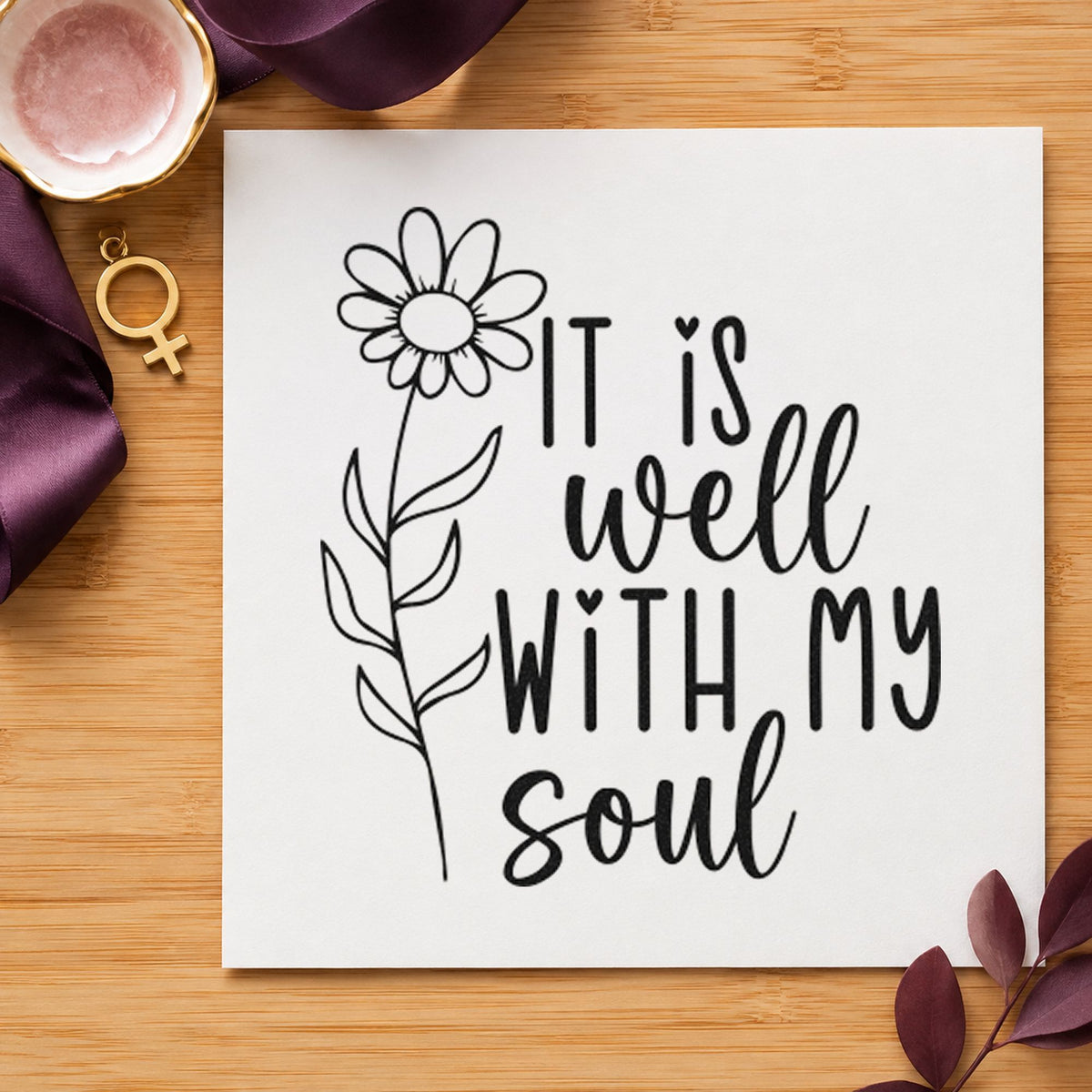It Is Well Flower craft stamp in black ink on cardstock, an easy option for garden album page.