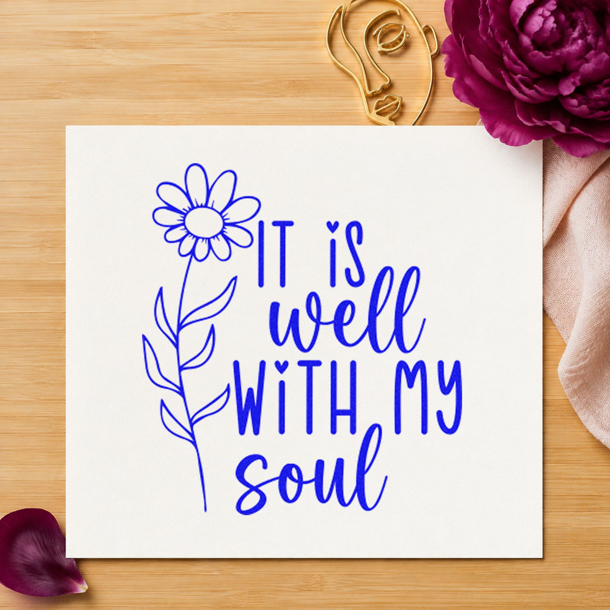 It Is Well Flower craft stamp in blue ink on cardstock, an easy option for cushion cover printing.