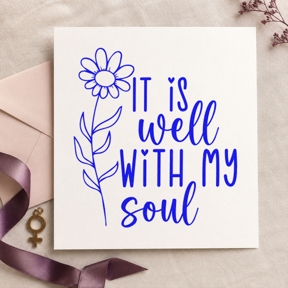 It Is Well Flower craft stamp imprinted in blue ink on paper, a design suited to framed garden arch.