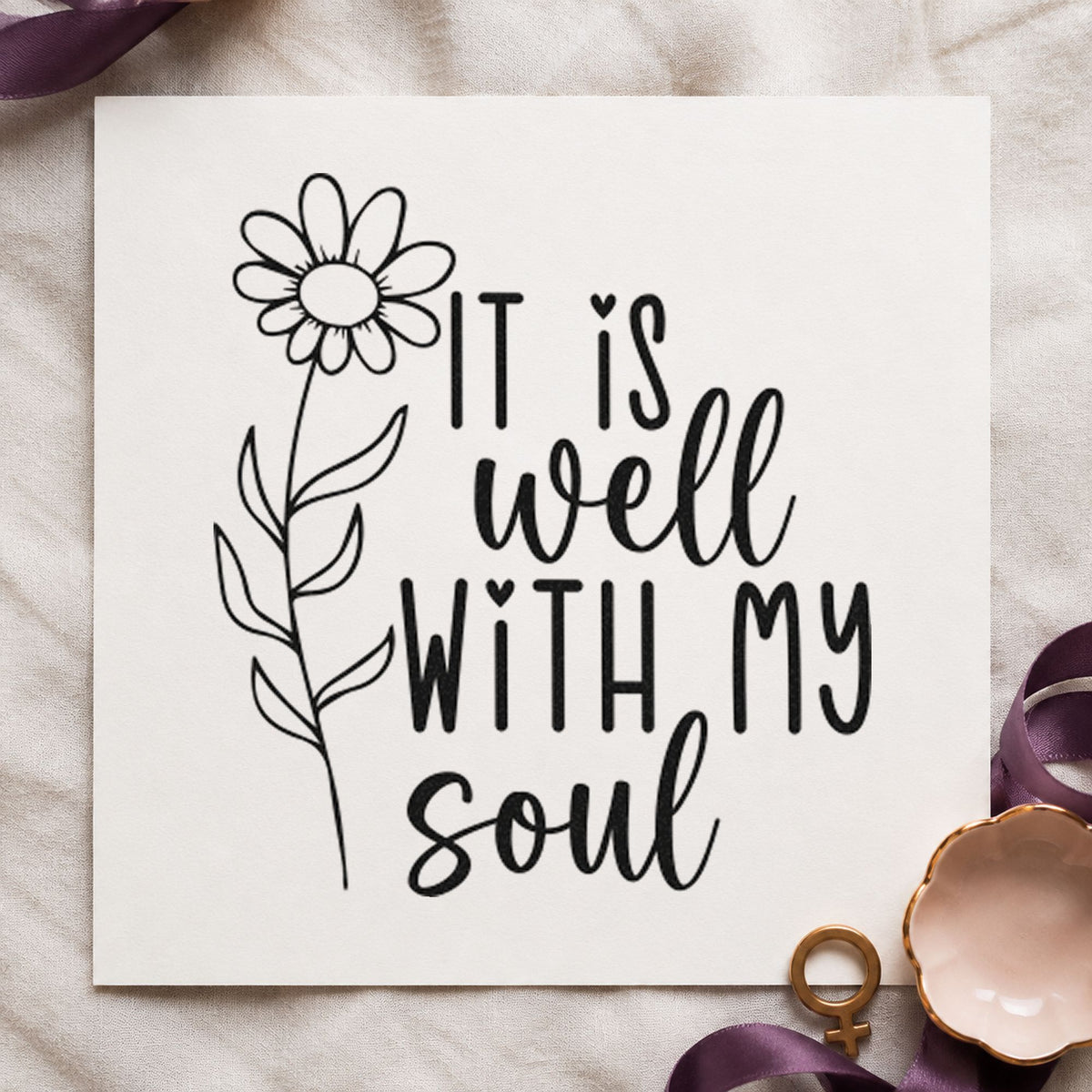 It Is Well Flower rubber stamp printed in black ink, ready for tall daisy cards and similar paper crafts.