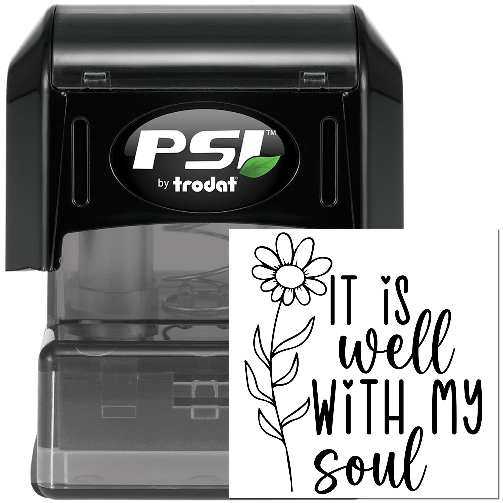 Custom self-inking rubber stamp by PSI Trodat with floral It Is Well With My Soul design for faith-based crafts.